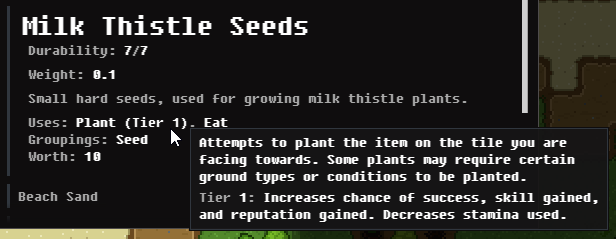 Wayward Beta 2.10 "Seafarer+" Item Stack inspect dialog with tooltip over usage